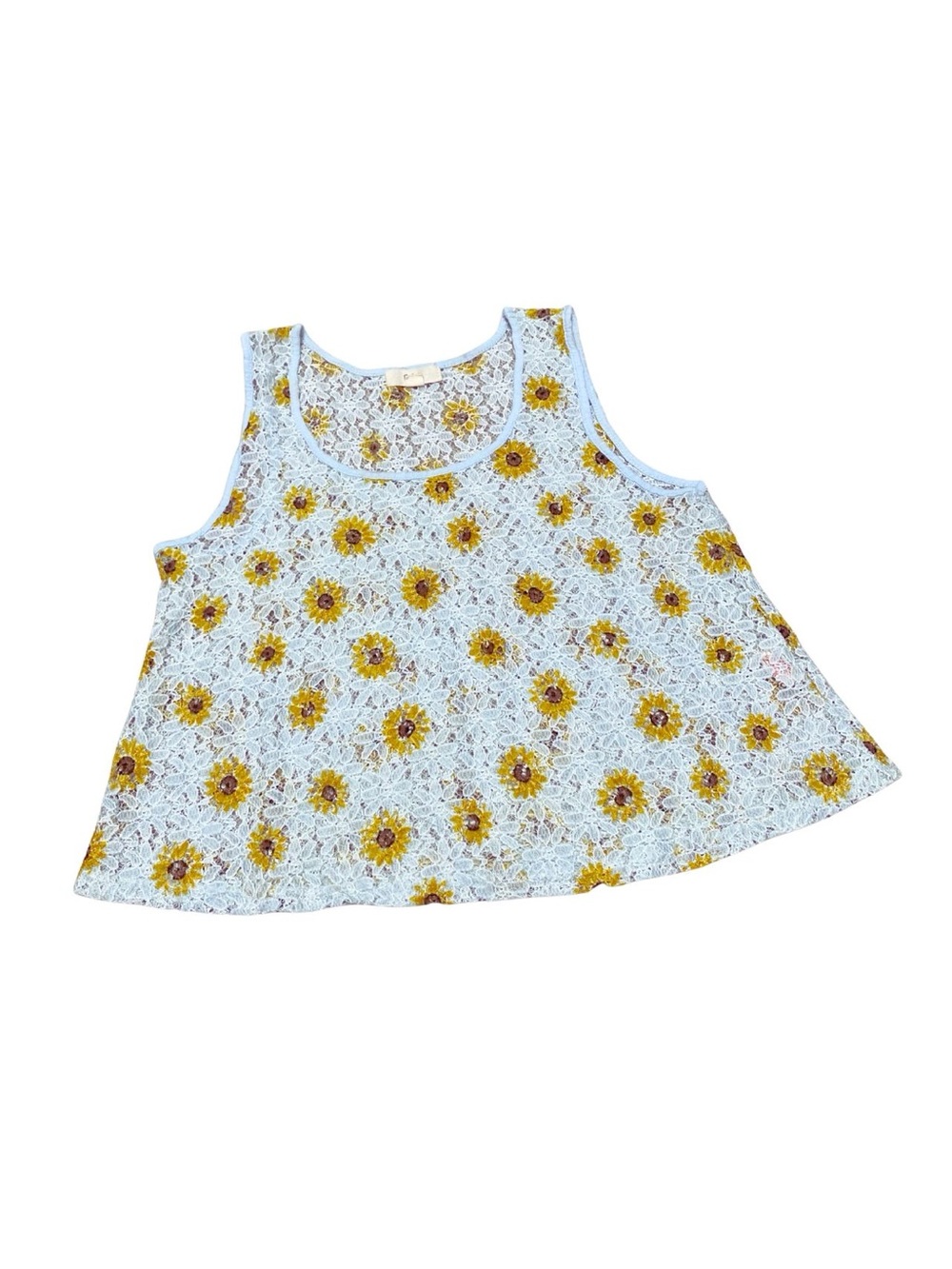 Women's Sheer Lace Sunflower Crop Top Icy Blue Yellow Floral Summer Top Bohemian